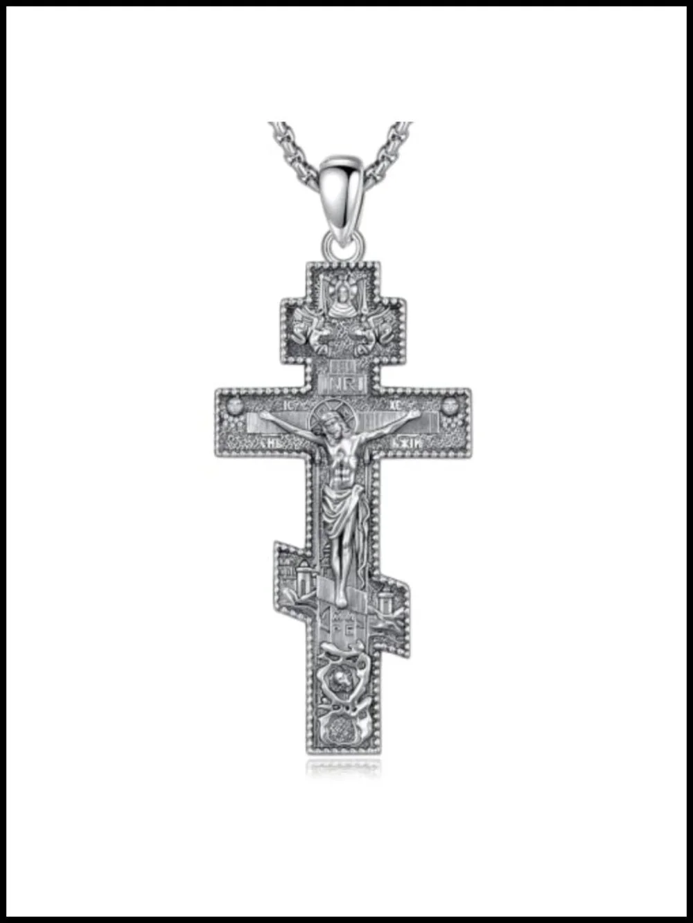 Silver Plated Copper Orthodox Crucifix Necklace for Men Women Antique Oxidized